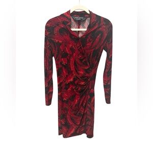 Norma Kamali Red and Black Ruched Faux Wrap Jersey Dress Size XS